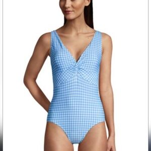 Land's End One Piece Swimsuit 16D Gingham Plaid Retro Tummy Control V Neck Ruche